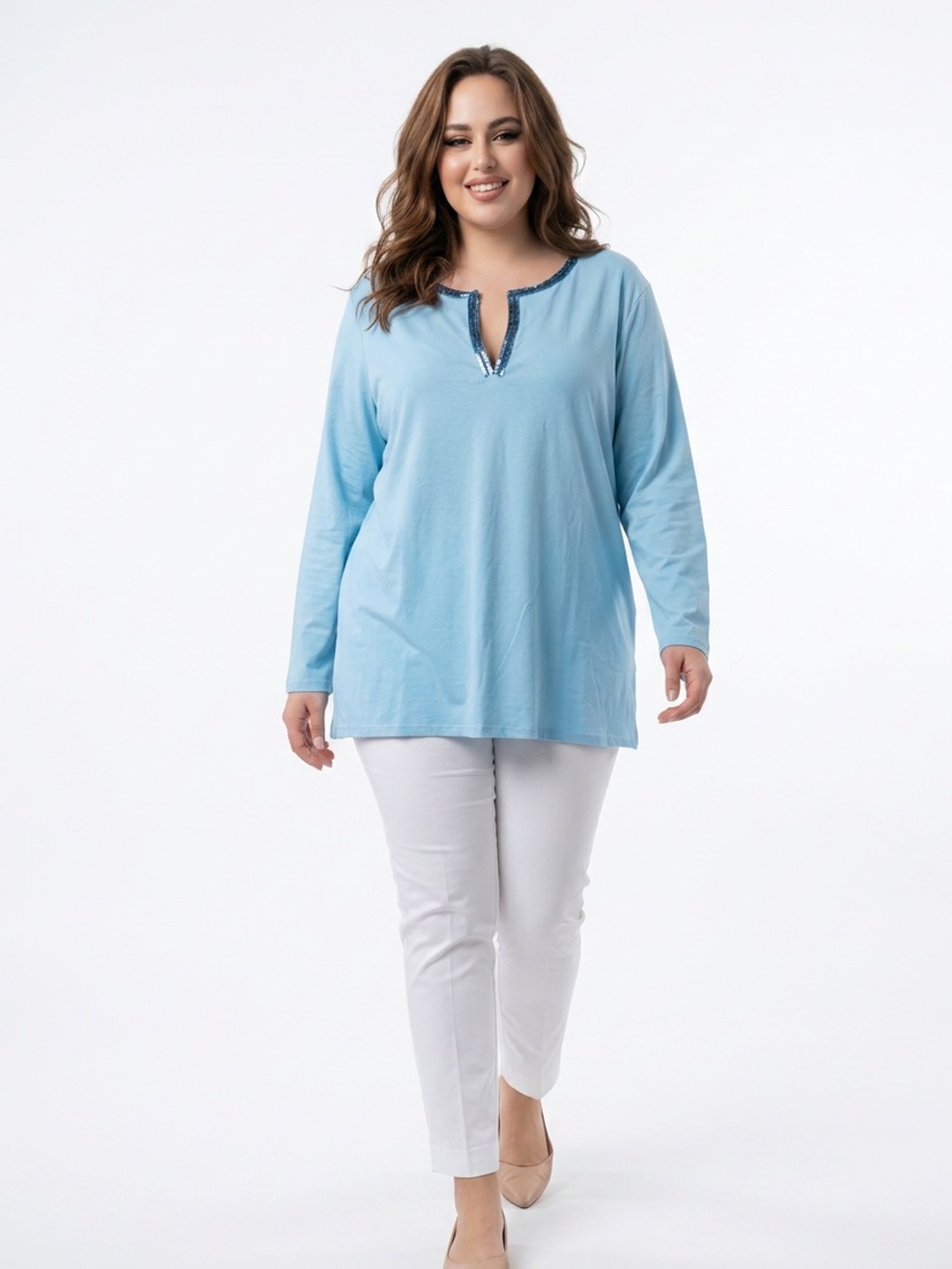 Route 66‎ women’s plus size top blue tunic notched collar Sequin trim size 3x